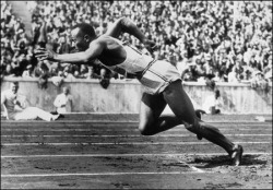thisiseverydayracism:  todayinhistory:  August 3rd 1936: Jesse Owens wins 100 metre dash On this day in 1936 at the Berlin Olympics, American athlete Jesse Owens won the 100 metre dash, defeating world record holder Ralph Metcalfe. Owens won four gold