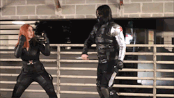 lizthefangirl:  the-bucky-barnes:  the-bucky-barnes:  A simple sparring exercise goes terribly wrong. Take it easy Natasha, I’m not sure you can get metal replacements for those. Cosplayers: Bucky and Natasha.  I just want to point out that this looks