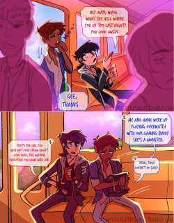 never2late2smile:  Keith and Lance sleep through Lance’s stop. Whoops.Train AU | Train AU continued | Train AU Tag (with the help of my brilliant friend and editor I am starting a fic!! &amp; the first one shot will be this scene in more detail)Hope