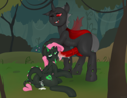  A thrilling encounter in the Everfree Forest&hellip;One base version, and one “crop” version.Commission for LoveAndTolerance of his OC Sweetest Poison, and a random-but-stylized Changeling. Thank you!Patreon • Commissions