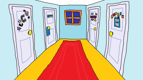 hee-blee-art:misc ms paint backgrounds for a handful of projects[image ID: a collection of cartoonish stylized digital scenes that are all empty and are eerie to varying degrees, featuring a hallway in a house; a cluttered bedroom; a public transit bus;