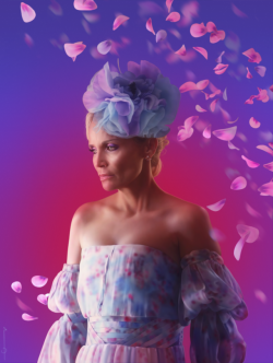 euclase: Easter, drawn in PS. [Caption: A realistic digital painting of Easter from American Gods. Portrait is from the waist up. Easter is wearing a flowery pastel off-the-shoulder dress with billowy sleeves and a huge blue and violet silk flower in