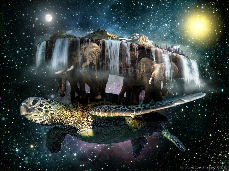 A world carried by four elephants on the back of a turtle flying across the Universe. What?