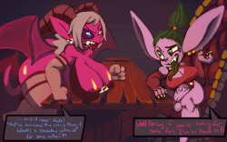 lil-potion-shop:A little exchange between to hellish patrons, Mestrilla and @kentayuki ‘s Tani, discussing the problems of the workforce
