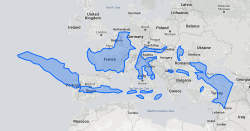 Map of Indonesia overlaid over Europe.