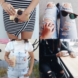 astonishingly:  Style inspo from CHOIES! Get the latest looks here!Outfit #1striped dresssunglassesgold clutchOutfit #2light wash distressed denim jeanssunglassesOutfit #3denim overallswhite shirtOutfit #4black leather jacketblack distressed denim jeans