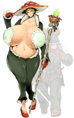 The mushroom magician carried all her mana in her tits and ass. After many days of traveling and building up mana, her hourglass figure became eventuates, her boobs and butt growing huge and bloated with mana.