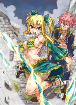 rboz:   Lucy &amp; Levy protecting their men  As per request of enchantedphoenix, both girls are also wearing something from them. Lucy with Natsu’s scarf, and Levy is wearing Gajeel’s jacket.