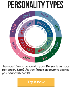What personality does your Tumblr say you have? Find out your Personality Type http://bit.ly/CustomizeDashboard Find out your personality type! This is my result: INFP personalities are true idealists, always looking for the hint of good in even the worst
