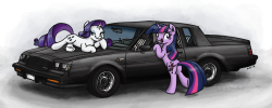 king-kakapo:   Twilight and Rarity modeling with this 87 Buick Regal turbo   /mlp/ draw thread request, October 3-12, 2013. The requester specifies a Regal T-Type; the provided picture in the /r/ is a Regal GNX; I ended up with a Regal Grand National.