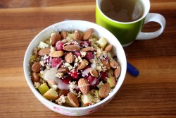 styleyourbody:  tobefre-ed:  My usual breakfast: banana overnight oats topped with raspberries, apple, almonds, popped amaranth, granola, dark chocolate chips and lavender honey. I love it so much that I have it nearly every morning :)  fitness&amp;health