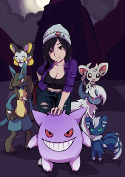 A birthday present for my friend Morgan. Featuring, of course, his trainer (genderbent) and his pokedudes, preparing for a battle outside of Lavender Tower or Pokemon Tower or whatever it&rsquo;s called!  And his Gengar is shiny, lawl. 