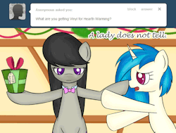askoctavia:  Ask Octavia #197 Despite Vinyl’s efforts, she will have to wait until Hearth’s Warming, and unfortunately so shall you. Sometimes I wonder if she remembers she’s a unicorn however…  X3! That adorable flaily Scratchie&hellip;! *giggles*