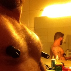 aussiegrunt:  ok so I got bored and was wearing #titplugs. another 5 mins and could start spinning plates on the fuckers! #hairychest #beard #gaybeard #odetostevehurley #likespinningplates #totallyunconnectedradioheadreference (at Fuggerstrasse)