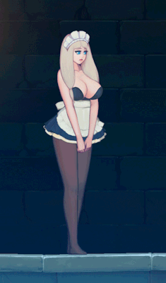 Busty blonde maid girl with big tits with a lost droopy expression on her face standing around in the middle of a dungeon.