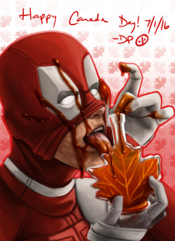 bludwingart:  Happy Canada Day! Deadpool showing you all how we party up north. Although tbh he likes maple syrup almost as much as I do. 