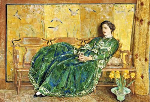 blondebrainpower:April (The Green Gown), 1920By Childe Hassam
