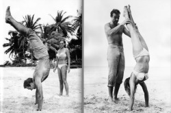 Beach acrobatics (Sean Connery teaching Ursula Andress how to do a handstand during the filming of “Dr. No”, 1962)