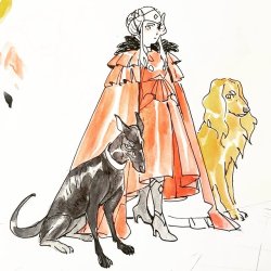 hawberries: the emperor’s loyal hounds. [image is a drawing of edelgard in her flame emperor dress; on either side of her are two dogs: at her right hand a skeletal black hound, and at her left, a long-haired orange spaniel.] 