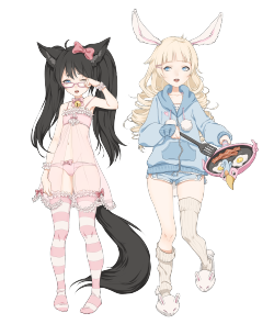 Commission from NipuniMorning breakfast with 2 sleepyheads, compliments of Fred the flamingo frying-pan~Icye (left, my Elin) and Infused.Charm (right, Aimee’s Elin)