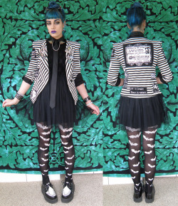 thegothicalice:  Ties and dresses go surprisingly well together. Jacket from Forever 21 and modified by me (main back patch from Kreepshow Kouture on Etsy), bat tights from Amazon, shoes are TUK, bat wing collar chain was a gift from my mother, and the