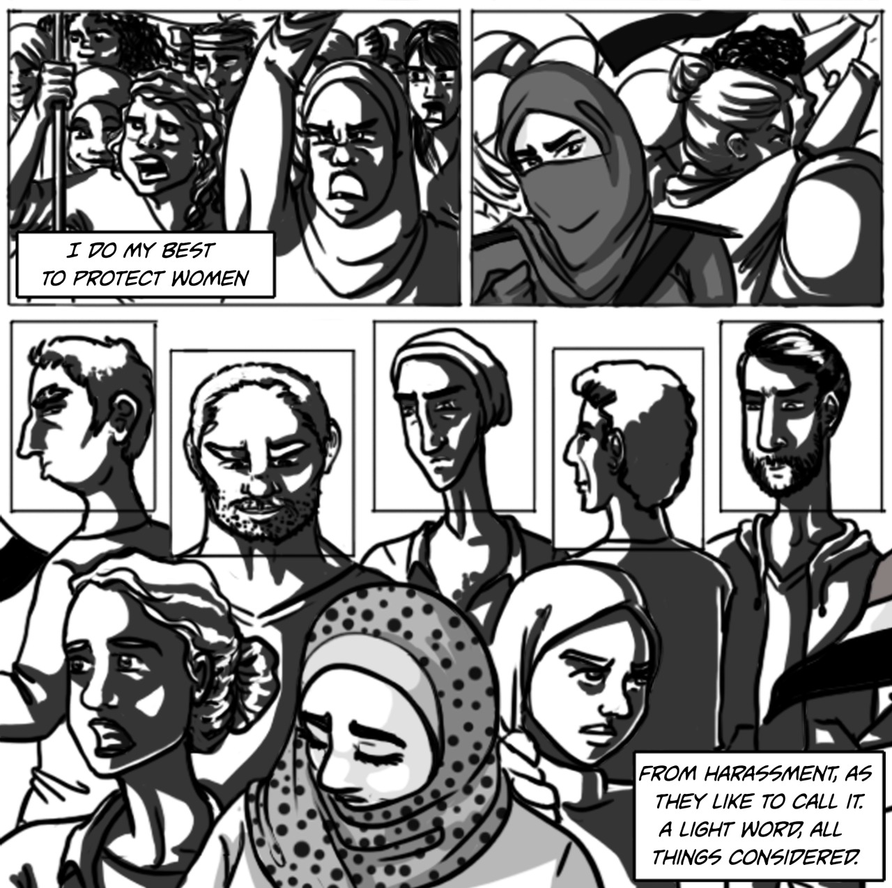 This is less of a superhero comic and more of a tribute. I remember at one point during the revolution, people would use statistics of attacks on women to discredit political movements – and Egyptians – at large. This keeps happening, consistently, both locally and internationally. People will abuse statistics as they see fit, but they will always ignore the women at the base of those statistics. So, politics and superpowers aside, here is my attempt at a tribute to real-life superheroes.
other qahera comics | facebook page
also featured on rebelmusic.com