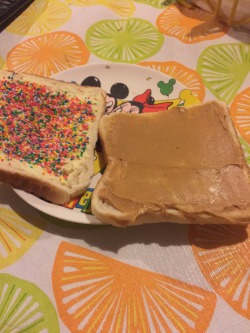 Fairy Bread and Peanut Butter. Yummy in my Tummy. I&rsquo;m a big girl I swear :3 