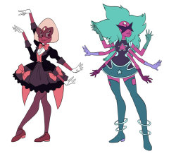 reidavidson:  Sardonyx and Alexandrite in their own magical girl outfits. (not to scale to one another…) Sardonyx is in formalwear/magician themed  garb.  I decided to do a kind of space theme for Alexandrite.  Unfortunately neither came out looking