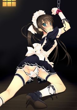 shy-azusa:  1girl bdsm blue eyes blush bondage brown hair covering covering crotch cuffs fism from behind garters gloves high heels long hair looking back maid maid headdress murakami suigun panties panties removed parted lips pleated skirt ponytail pussy