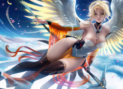 fireboxstudio: sakimichan:  My take on Fantasy Mercy :3 aiming for sexy  elegant. ambitious piece ;o;nude,PSD 3-4k HD jpg,steps,vid etc&gt;https://www.patreon.com/posts/12867493   Love this work, great use of colour and OMG those thighs xD 