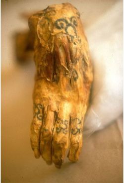 Hand of a mummy, showing off ancient tattoos.