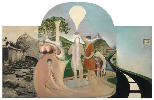 Brett Whiteley (Australian, 1939-1992), Fidgeting with Infinity, 1966. Oil paint, collage, pencil, photographs and fibreglass on three panels, 244 x 382 cm. National Gallery of Australia, Canberra