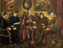 José Gutiérrez Solana (Madrid 1886 - 1945), La visita del obispo (the Bishop&rsquo;s visit), 1926; oil on cardboard, 161 cm x 211 cm