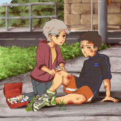 inverted-typo:  Finally got around to drawing some daisuga!! In which Daichi was roller blading and had a nasty fall and sweet little Suga comes to the rescue.  