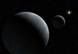 futurist-foresight:  An interesting rendition of the surface of Pluto. spaceplasma:    CRIRES model-based computer-generated impression of the Plutonian surface, with atmospheric haze, and Charon and the Sun in the sky. Pluto’s atmosphere consists