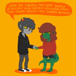 When I get really sad about my eczema I like to self-insert myself in this particular scene in Homestuck and that usually makes me feel better because Karkat. I had to cover myself up (in this fucking heat) for a long time because of this and I&rsquo;d