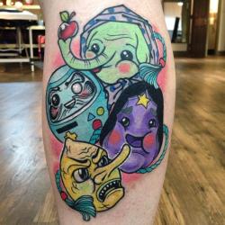 rizzabootattoos:  Super fun piece I got to do today😁✨ Adventure Time/Japanese mask and daruma combo. Thanks for coming to me with a great idea Stephanie!! #rizza_boo #adventuretime #adventuretimetattoo #lsp #treetrunks #lemongrab #bmo #kiyohime #hyotokko