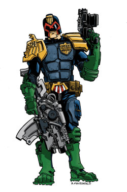 thecomicartblog:  A rather over-armed Judge Dredd by Andy MacDonald.Look at the size of those lawgivers!