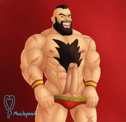 musclepencil:   This is my trade with @robbycop He wanted Zangief showing off his goods, so what better way to do it than having him pull down his briefs and revealing his “muscle spirit” :U Hope you like it.Zangief © Capcom