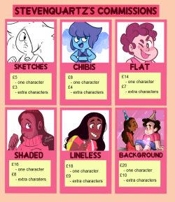 stevenquartz:  Please, check out my ART tag for more examples. Hey, so like I’m in some need of money, and the old commission sheet was out-dated. If you can’t buy anything, please reblog this and spread this around. I also accept donations. (im