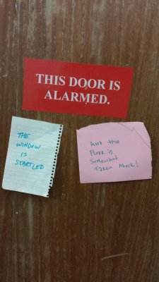 crossedstirrups:  houseofhanover:  funnyorwtf:  Saw this on a door at work.  # the lights are agog # the ceiling’s aghast # is the desk drawer in love at last?  need to reblog this again for those tags 
