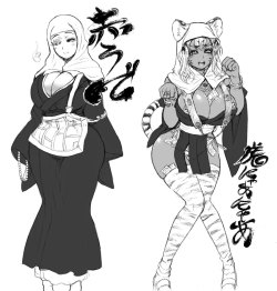 rebisdungeon:  YOUKAI GIRLS related to BuddhismIn my original comic “Anime-Tamae!”, there are new youkai characters…They are Aka-Ude (Left. It means “Red-Arm”) and Tora-Nya-Nya (Right. Tora means Tiger, and Nya-Nya = Meow Meow)They are very
