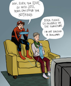 hannahblumenreich:  aunt may knows misusing furniture is the first step towards a life of crime. a wise lady. (hello new followers! aw, look at all your bright shining faces. here’s a little spiddermin &amp; aunt may as a thank you.)
