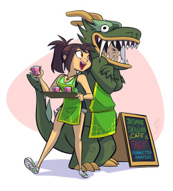 brokenlynx21:  Commission piece for http://themultipled.deviantart.com/ .Ft. Jin and Zuko from Avatar- The Last Airbender, set in modern times and promoting for the Jasmine Dragon Cafe.