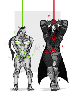 nastyalebrije:  NSFW Comission for vaguesexual    Tied up Reaper and Genji w/ Zenny’s orbs between their legs (they vibrate)   Bonus: 