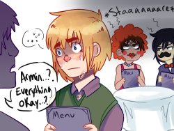 motherfucky:  headcanon: whenever armin goes on a date, eren and mikasa follow them to judge the suitor and make sure they treat armin right.  sometimes they wear disguises. they’re always awfully obvious.  