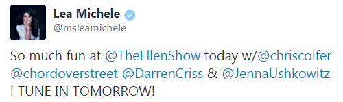 Chris, Lea, Chord, and More on the Ellen Show Tumblr_nl2ogx3Z7s1r4gxc3o1_500