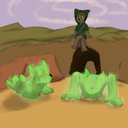  (page 21) From what Spike knew of magic, he was charging up a spell, and when he finally finished charging the green fireballs he shoot both of them at the dragon group.  The three of them leaped back and avoided getting hit, Sharp tripping in the proces