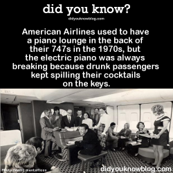 did-you-kno:  American Airlines used to have a piano lounge in the back of their 747s in the 1970s, but the electric piano was always breaking because drunk passengers kept spilling their cocktails on the keys.  Source