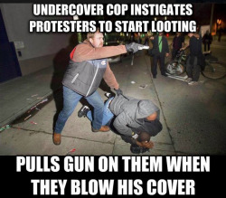 fuckyeahmarxismleninism:  During a protest in Oakland earlier today, two undercover police pulled their guns on peaceful protesters after they were outed for trying to get the crowd to start looting. Officers aimed their weapons at people’s heads and